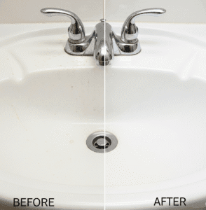 Before and after cleaning image showing disinfecting vs sanitizing a bathroom sink