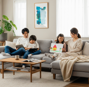 Healthy family enjoying a clean home after disinfecting vs sanitizing services