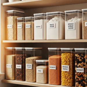 Clear pantry containers used for pantry organization