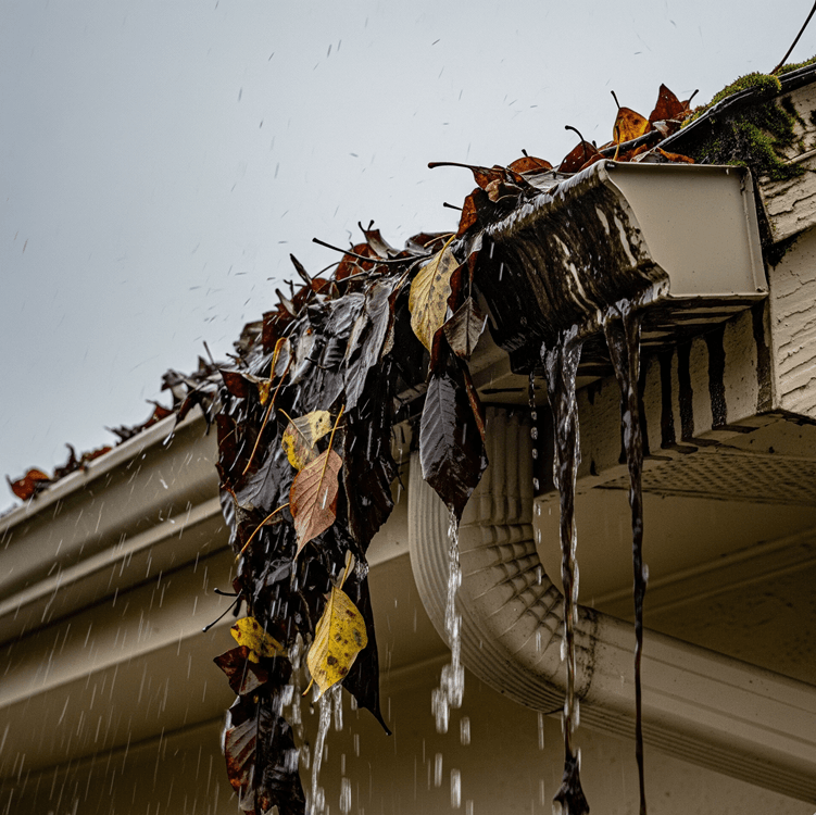 Clogged gutters causing water damage