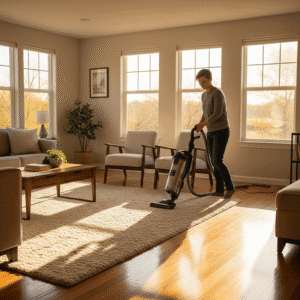 Fall cleaning living room vacuuming