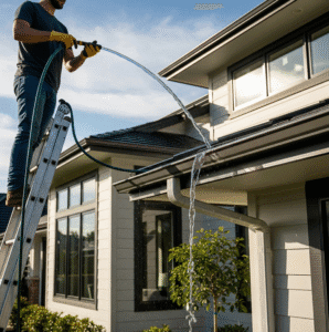 Flushing gutters to prevent clogs