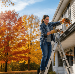 Gutter cleaning in progress to prevent clogs