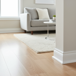 Clean living room baseboards after dust removal and baseboard cleaning
