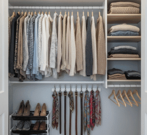 Closet cleaning with vertical storage and hooks for accessories