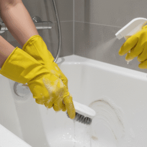 Deep cleaning bathroom bathtub scrubbing