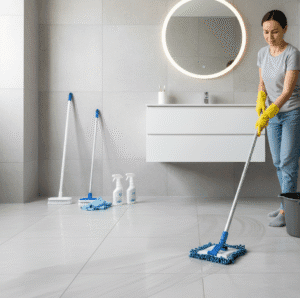Deep cleaning bathroom floor with disinfectant