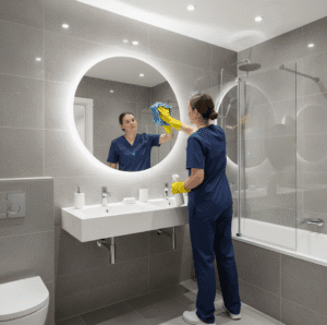 Deep cleaning bathroom mirror streak-free