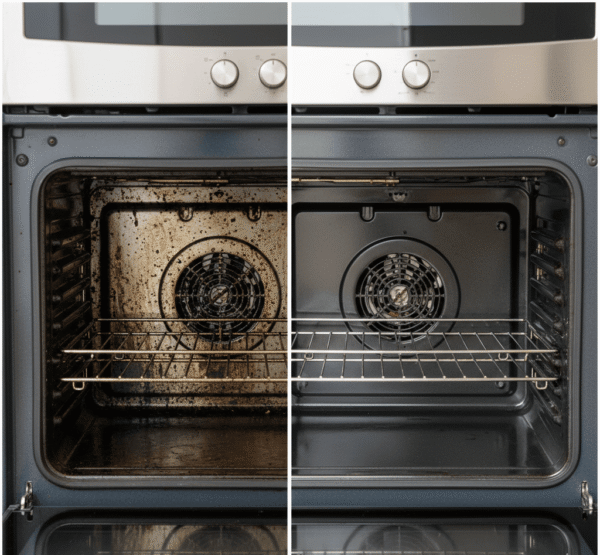 Deep cleaning oven before and after, showing sparkling interior