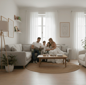 Family enjoying quality time in a clean home