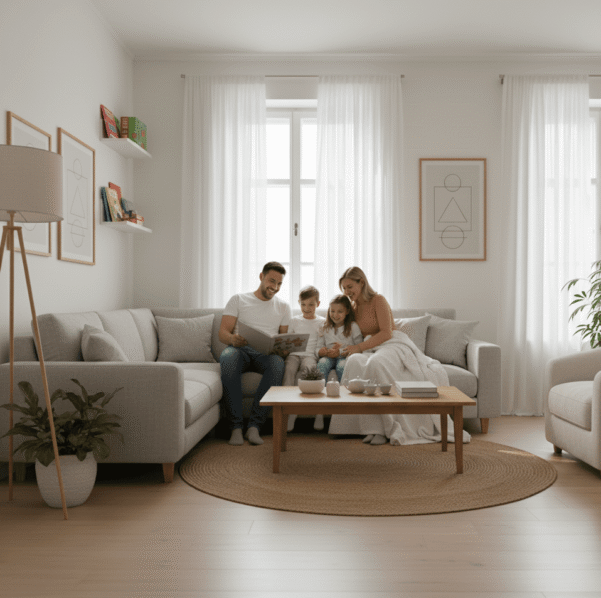 Family enjoying quality time in a clean home