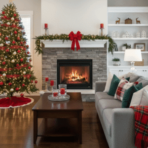 Festive living room after pre-holiday cleaning for guest preparation