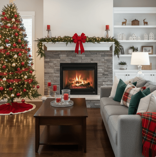 Festive living room after pre-holiday cleaning for guest preparation