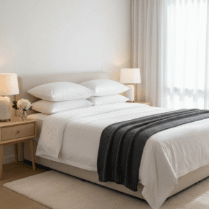 Guest room cleaning showing freshly made bed for preparing for guests