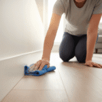 Homeowner performing dust removal during baseboard cleaning