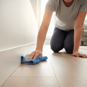 Homeowner performing dust removal during baseboard cleaning