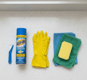 Oven cleaning tools including gloves, cloths, and non-toxic cleaners