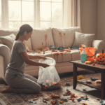Post-Halloween cleaning in living room with candy stains