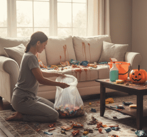 Post-Halloween cleaning in living room with candy stains