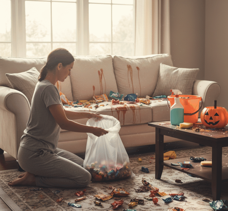 Post-Halloween cleaning in living room with candy stains
