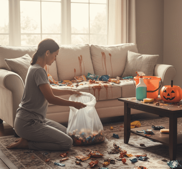 Post-Halloween cleaning in living room with candy stains