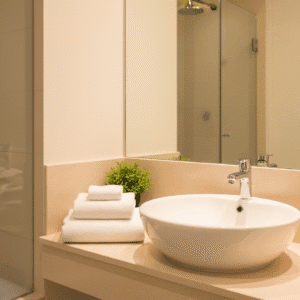 Preparing for guests bathroom cleaning with sparkling sink and fresh towels