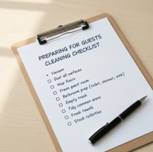 Preparing for guests cleaning checklist on clipboard