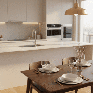 Preparing for guests kitchen and dining area cleaned and set