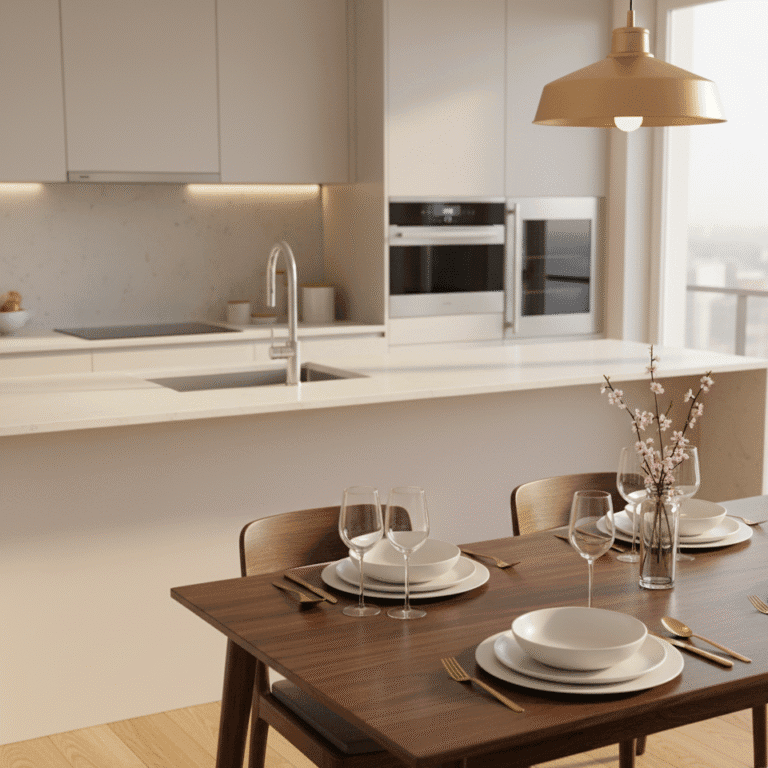 Preparing for guests kitchen and dining area cleaned and set