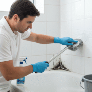 Professional bathroom mold cleaning in progress