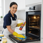 Professional cleaner deep cleaning oven, smiling and using proper tools