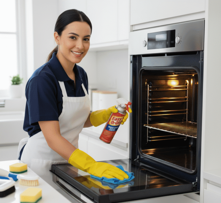 Professional cleaner deep cleaning oven, smiling and using proper tools