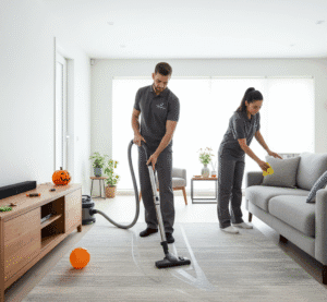 Professional post-Halloween cleaning team at work