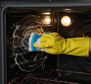 Step-by-step oven deep cleaning showing scrubbing and wiping surfaces