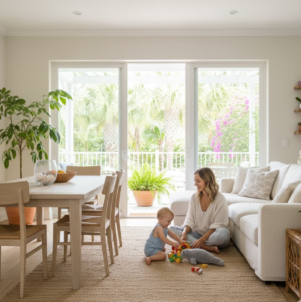 A happy woman playing with her child in a bright, clean living room, illustrating the comfort and peace of a professional house cleaning service in a Florida home.