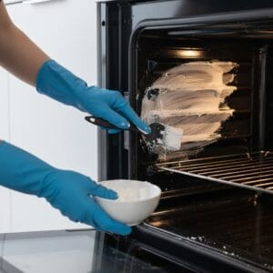 “Applying baking soda paste inside oven for deep cleaning”