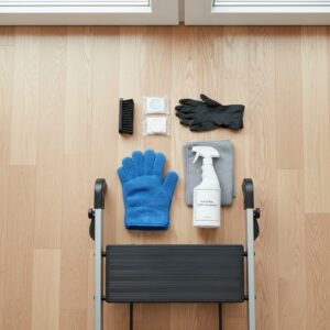 Ceiling fan cleaning supplies microfiber cloth, spray, and step stool