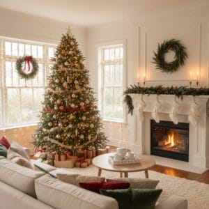 Christmas cleaning tips — clean and cozy living room decorated for the holidays