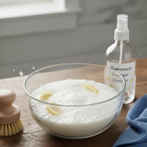 DIY shower glass cleaning solution made with vinegar and baking soda