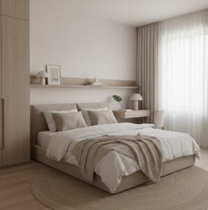 “Decluttered minimalist bedroom with neutral décor”