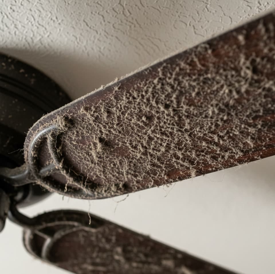 “Dusty ceiling fan blades before cleaning”