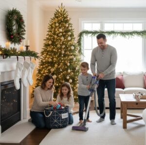 Family holiday cleaning — parents and kids cleaning together with Christmas decorations