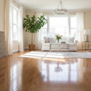 Floor cleaning for hardwood floors in a bright living room