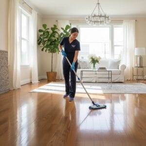 Floor cleaning team from Excellence Maids cleaning hardwood and tile floors