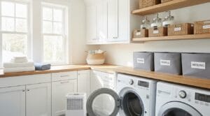 Fresh laundry room with open washerdryer doors and a dehumidifier