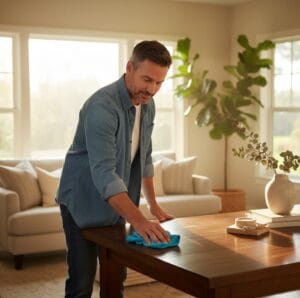 Homeowner dusting furniture with microfiber cleaning cloth