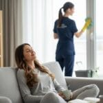 Homeowner following cleaning schedule with professional help