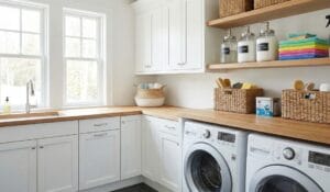 Laundry room cleaning essentials with detergent, microfiber cloths, and spray bottles