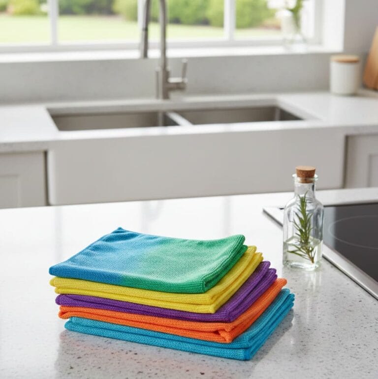 Microfiber cleaning cloths neatly folded on kitchen counter