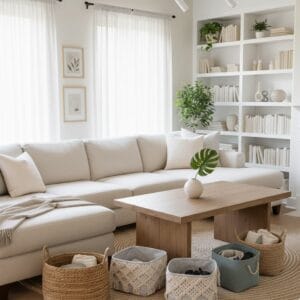 “Minimalist living room with tidy coffee table and folded blanket”